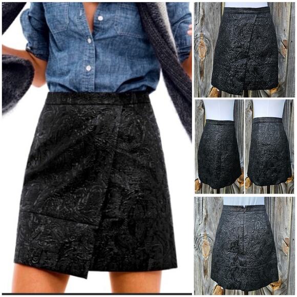 Matelasse Texture Mini Skirt Shiny Metallic Black J. Crew Size 10 Faux Wrap - Picture 6 of 9